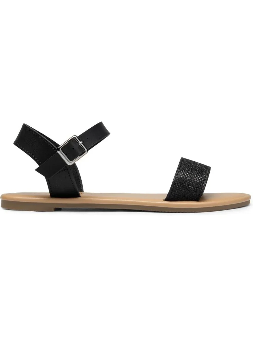 Women Black Glitter Flat Sandal Open Toe Ankle Strap Faux Leather Non Slip Shoes